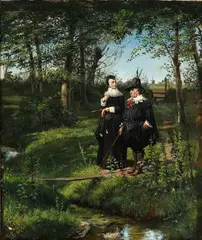 Hans Nikolaj Hansen, A couple in conversation on the bank of a stream, Oil on canvas
