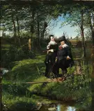 Hans Nikolaj Hansen, A couple in conversation on the bank of a stream, Oil on canvas