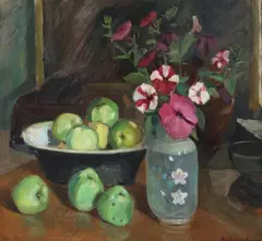 Rud. Jacobsen, A still life with flowers in a vase and fruit in a bowl, Oil on canvas