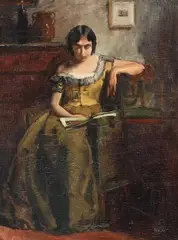 Péter Szüle, Interior with a young woman reading, Oil on canvas