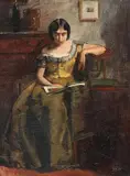 Péter Szüle, Interior with a young woman reading, Oil on canvas