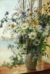 Augusta Læssøe, A bouquet of wild flowers in an open window, Oil on canvas