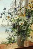 Augusta Læssøe, A bouquet of wild flowers in an open window, Oil on canvas