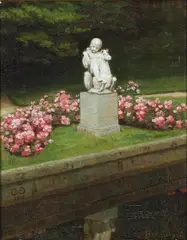Caroline van Deurs, Flowering rhododendron around a sculpture in Fredensborg Castle Park, 1990, Oil on canvas