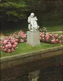 Caroline van Deurs, Flowering rhododendron around a sculpture in Fredensborg Castle Park, 1990, Oil on canvas