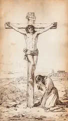 Martinus Rørbye, Christ on the Cross with the Kneeling John, Pencil and ink on paper