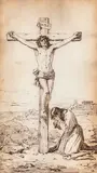 Martinus Rørbye, Christ on the Cross with the Kneeling John, Pencil and ink on paper