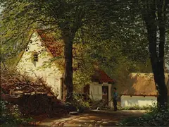 Peder Mønsted, Two farmers in conversation at a farm house, Oil on canvas