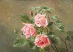 Anthonore Christensen, Pink roses on a branch, Oil on cardboard