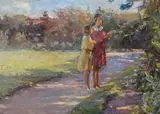 Johannes Grenness, Summer day with two girls on a path, Oil on canvas