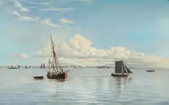 Christian Eckardt, Seascape with sailing ships and boats on a calm sea, Oil on canvas