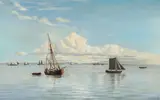 Christian Eckardt, Seascape with sailing ships and boats on a calm sea, Oil on canvas