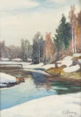 Grigor Auer, Wintry stream, watercolour on paper