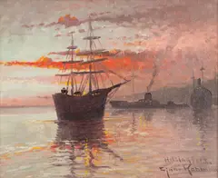 Ejnar Kohlmann, Sailing ship in sunset, oil on canvas