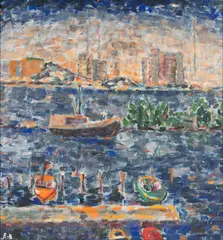 Eero von Boehm, Boats on a shore (Hietalahti?), oil on board