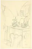 Alberto Giacometti, Le buffet dans la salle à manger de Stampa, 1955, Pencil drawing on cream-coloured wove paper with watermark 'BFK Rives'
