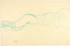 Gustav Klimt, Liegender Halbakt nach rechts, den Ellbogen aufgestützt, 1905-1906, Blue and red colour pencil on imitation Japan paper