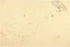 Gustav Klimt, Auf dem Bauch liegender Akt nach rechts, 1910, Pencil, blue and red colour pencil, heightened with white, on imitation Japan paper