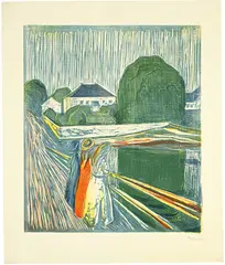Edvard Munch, Mädchen auf der Brücke - The Girls on the Bridge, 1918, Woodcut and colour lithograph on wove paper