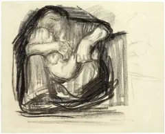 Kauernde Frau mit Kind im Schoss by Käthe Kollwitz, 1916, Charcoal drawing on Ingres Japan laid paper with watermark, sold Sep 2025