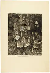 Kind im Asterngarten by Paul Klee, 1925. Work number 1925.81 (R 1), Black watercolour in various shades, heightened with pen and ink, on letter paper, mounted on cardboard, sold Sep 2025
