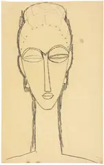 Tête de Face - Étude pour une sculpture by Amedeo Modigliani, 1910-1911, Black chalk over light preliminary drawing in pencil, on thin brownish wove paper, sold Sep 2025