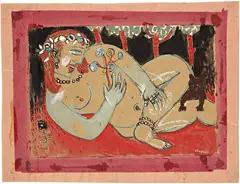 Marc Chagall, L'Odalisque ou Nu couché en rose, 1913-1914, Gouache, Indian ink and graphite on paper, mounted by Chagall and Nell Walden in 1914 on two coloured papers in preparation for the Berlin exhibition