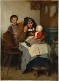 Albert Anker, Grossmutter, ihrem Enkelkind die Suppe gebend, 1868, Oil on canvas