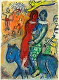 Marc Chagall, Clown en bleu-vert et écuyère en rouge sur cheval bleu, Circa 1968-1970