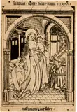Wolfgang Aurifaber, Die Madonna mit Kind in einem gotischen Raum, mit dem knienden Abt Ludwig, 1477, Engraving on laid paper