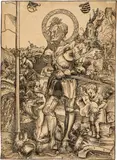 Lucas Cranach d.Ã., Heiliger Georg, stehend in ganzer Figur mit Fahnenlanze, 1506, Woodcut on laid paper with watermark "Hohe Krone"
