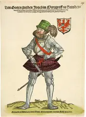 Hans Conrad Stoer, Von Gottes Gnaden Joachim Marggraff zu Brandenburg, Circa 1540-1550, Coloured woodcut on laid paper with watermark "Schmale hohe Krone", similar to Meder (Dürer catalogue) watermarks 28