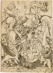 Meister Es, Das Passionswappen mit dem Gotteslamm, Jesus und Maria, und mit den vier Symbolen der Evangelisten, Circa 1460, Engraving on laid paper with watermark "Gotisches P with Blume"
