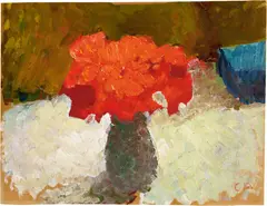 Cuno Amiet, Blumenstillleben mit blauem Buch, Circa 1955, Oil on strong velin paper