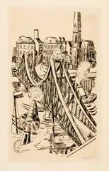 Max Beckmann, Grosse Brücke - Der Eiserne Steg in Frankfurt am Main, 1922, Drypoint on strong velin paper
