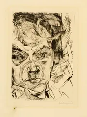 Der Raucher (Selbstbildnis) by Max Beckmann, 1916, Drypoint mounted on paper with watermark "VAN GELDER ZONEN", on the reverse stamp "GRAPH. CABINET MUNICH", sold Sep 2025