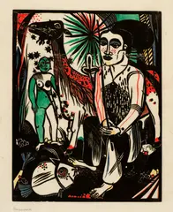 Der Hirt mit der grossen Ziege by Heinrich Campendonk, 1920, Woodcut, coloured, on thin Japan laid paper, sold Sep 2025