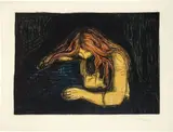 Edvard Munch, Vampyr II - Vampire II, 1895-1902, Colour lithograph and colour woodcut in black, rust red and woodcut in blue, green and yellow on thin Japanese paper