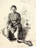 Käthe Kollwitz, Selbstbildnis in ganzer Figur, sitzend, 1893, Indian ink on strong wove paper with watermark "WHA"