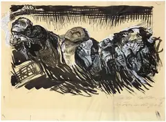 Käthe Kollwitz, Die Freiwilligen, 1921, Brush and pen in Indian ink over preliminary drawing in pencil, heightened with opaque white (Deckweiss) and corrected, on two sheets glued together