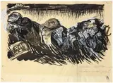 Käthe Kollwitz, Die Freiwilligen, 1921, Brush and pen in Indian ink over preliminary drawing in pencil, heightened with opaque white (Deckweiss) and corrected, on two sheets glued together