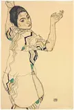 Egon Schiele, Friederike Beer in gestreiftem Kleid mit erhobenen Armen - Friederike Beer in Striped Dress with Raised Arms, 1914, Pencil and watercolour on yellowish Simili-Japan