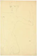 Egon Schiele, Selbstbildnis als Akt – Self-Portrait with Raised Left Arm, 1912, Pencil on yellowish Simili-Japan