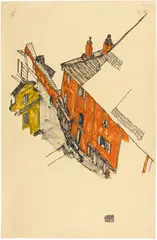Egon Schiele, Alte Giebelhäuser in Krumau vom Schlossberg aus – Old Gabled House in Krumau, Seen from the Schlossberg, 1917, Opaque colours, watercolour and black chalk on yellowish Simili-Japan
