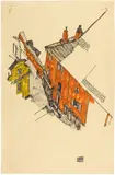 Egon Schiele, Alte Giebelhäuser in Krumau vom Schlossberg aus – Old Gabled House in Krumau, Seen from the Schlossberg, 1917, Opaque colours, watercolour and black chalk on yellowish Simili-Japan
