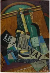 Juan Gris, Le Journal - Journal et bouteille de vin, 1915, Oil on wood