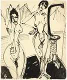 Nackte Frauen am Ofen – Zwei nackte Frauen im Atelier by Ernst Ludwig Kirchner, 1914, Reed pen and brush and black Indian ink on firm wove paper, sold Sep 2024