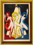 Farbentanz by Ernst Ludwig Kirchner, 1933/1934, Colour woodcut on Japan, coloured print of 2 sticks in black (drawing stick), red, blue, and yellow. In original frame, sold Sep 2024