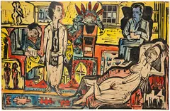 Ernst Ludwig Kirchner, Bohème moderne, 1924, Woodcut, watercolour by the artist in blue, red, pink and yellow, on wove paper with watermark "Holland"