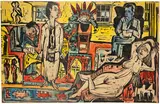 Bohème moderne by Ernst Ludwig Kirchner, 1924, Woodcut, watercolour by the artist in blue, red, pink and yellow, on wove paper with watermark "Holland", sold Sep 2024